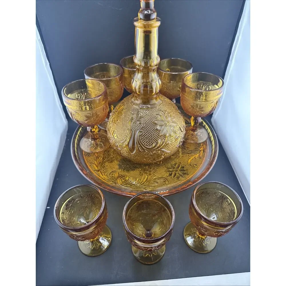 Indiana Glass Amber Tiara Decanter Set w/8 Glasses, Tray, Sandwich Pattern 11 pc